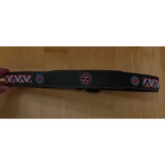 vtg liz claiborne Aztec Beaded Leather Western Belt Dark Brown Black red blue M